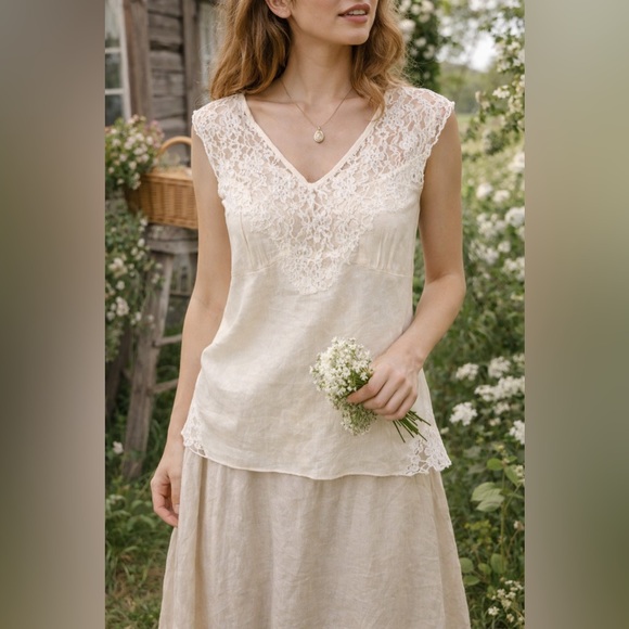 Signature by Robbie Bee Tops - Signature by Robbie Bee 100% Linen Lace Trim Cream Blouse Sz 8 Boho Cottagecore